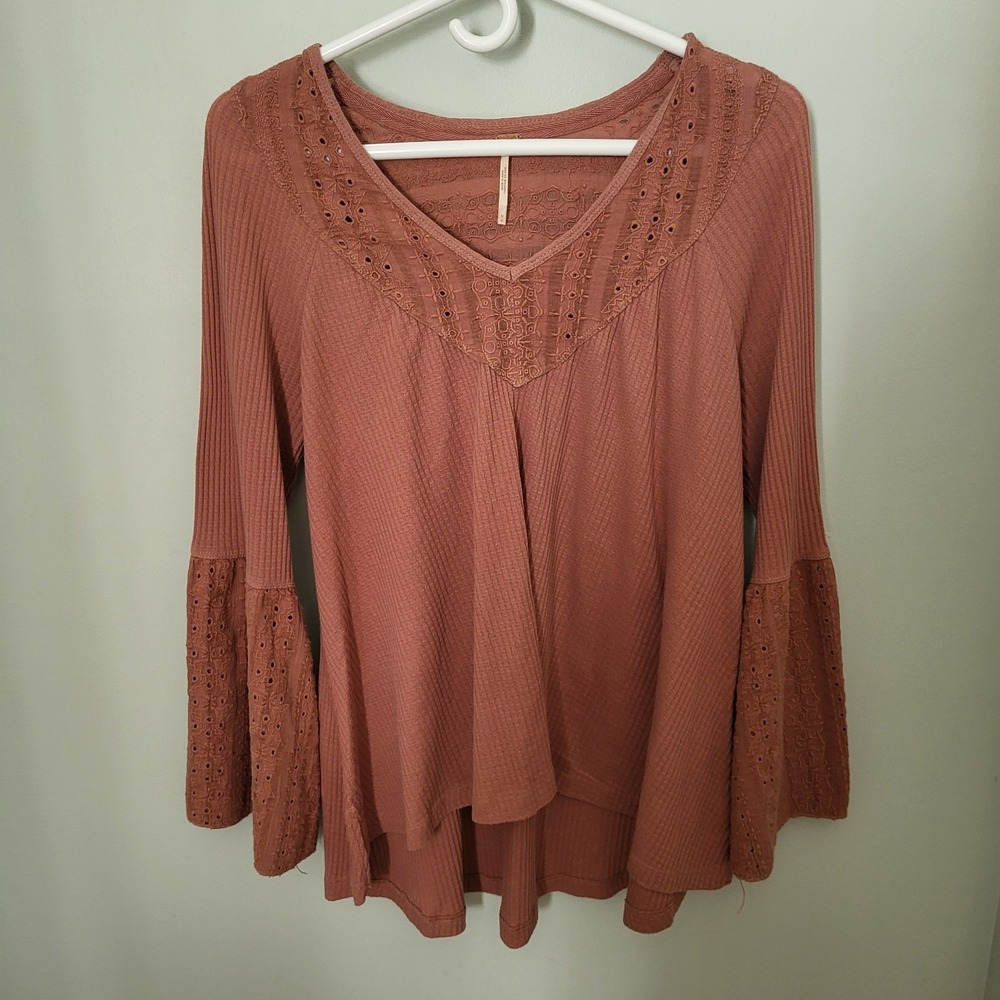 Free People Parisian Nights Women Med Bell‎ Sleeves Boho Terracotta Rose V Neck